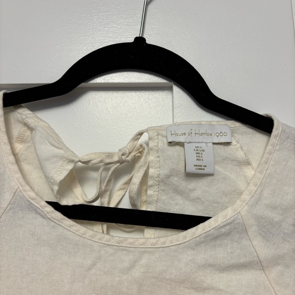 House Of Harlow Ivory and Blue Linen Blend Embroidered Floral Cropped Top - L - Picture 5 of 7
